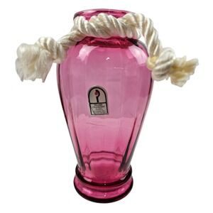 Pilgrim Cranberry Glass Optic Rib Vase Hand Blown Pink Gold Fused USA 6.25 inch